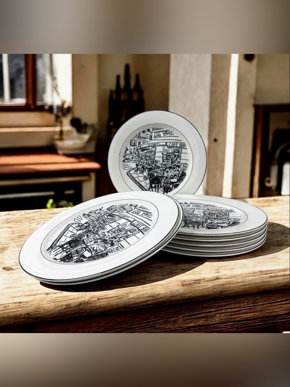 Mikasa Ultima+ Parisian Scenes Le Conti Cafe Bar 8 Dinner Plates 10.75” Vintage